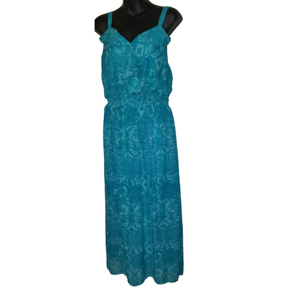 Faded Glory Teal Maxi Dress Sz 1X 16 Y2K Turquoise Ruffle Romantic Flowy Beach - Picture 1 of 10